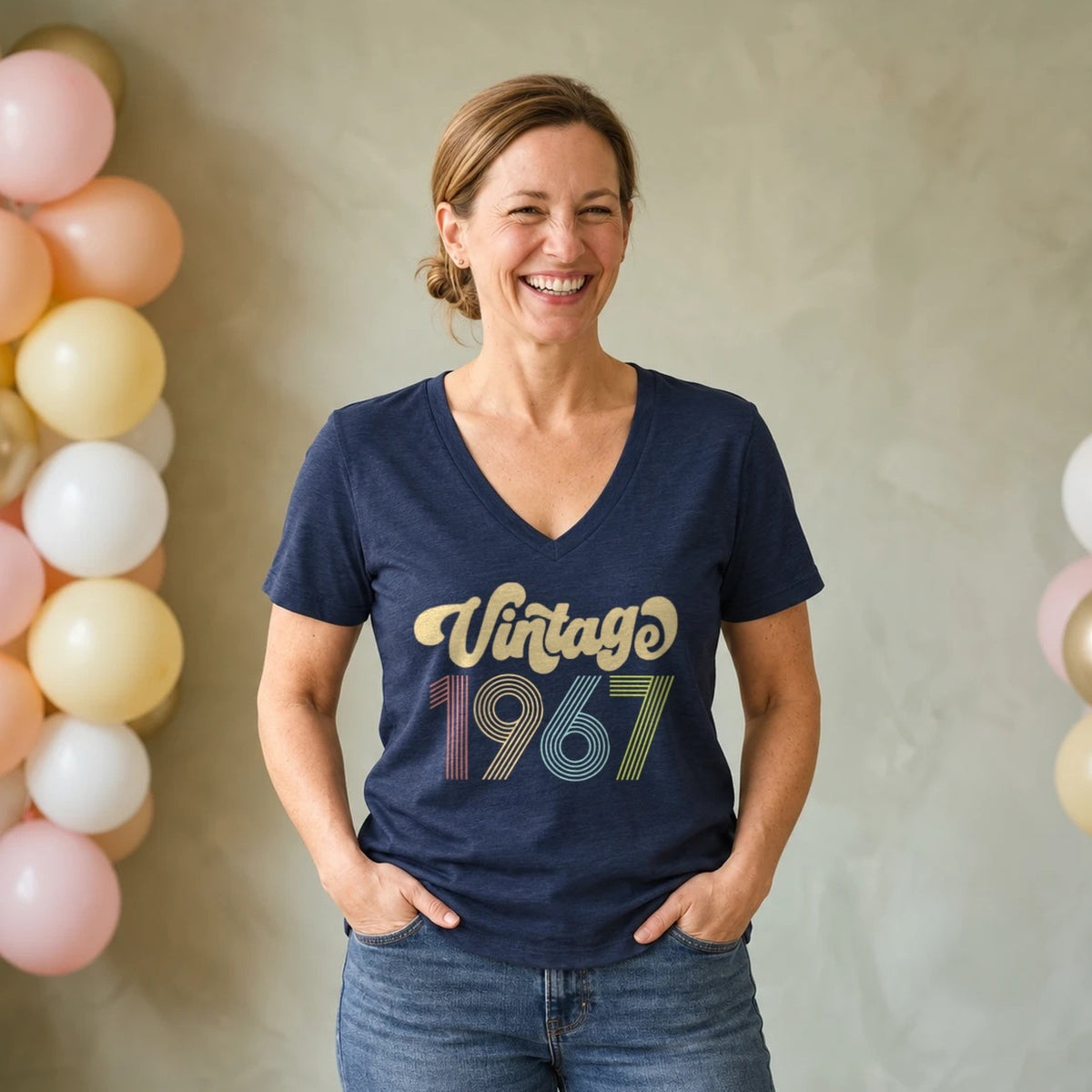 Vintage 1967 - Retro 59th Birthday T-Shirt for Women - Navy Blue V-Neck