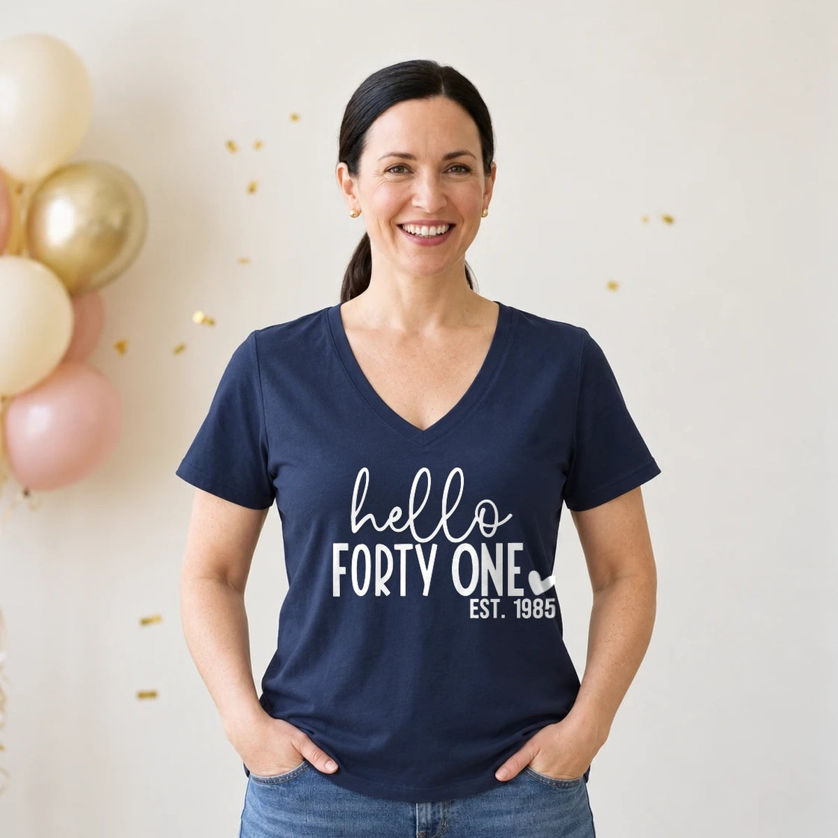 Hello Forty-One 41st Birthday T-Shirt for Women - Est. 1985 - Navy Blue V-Neck