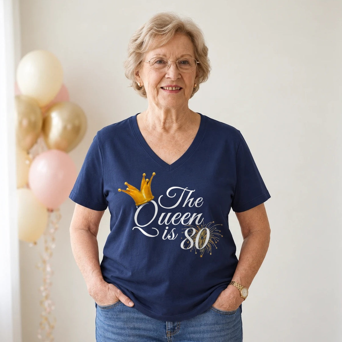The Queen Is 80 - 80th Birthday Queen T-Shirt for Women - Navy Blue V-Neck