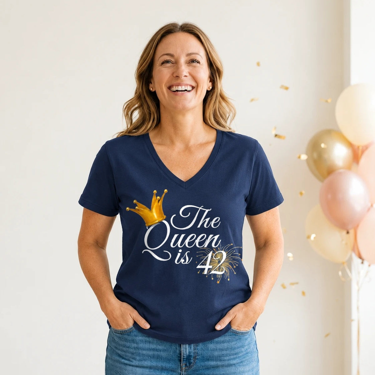 The Queen Is 42 - 42nd Birthday Queen T-Shirt for Women - Navy Blue V-Neck