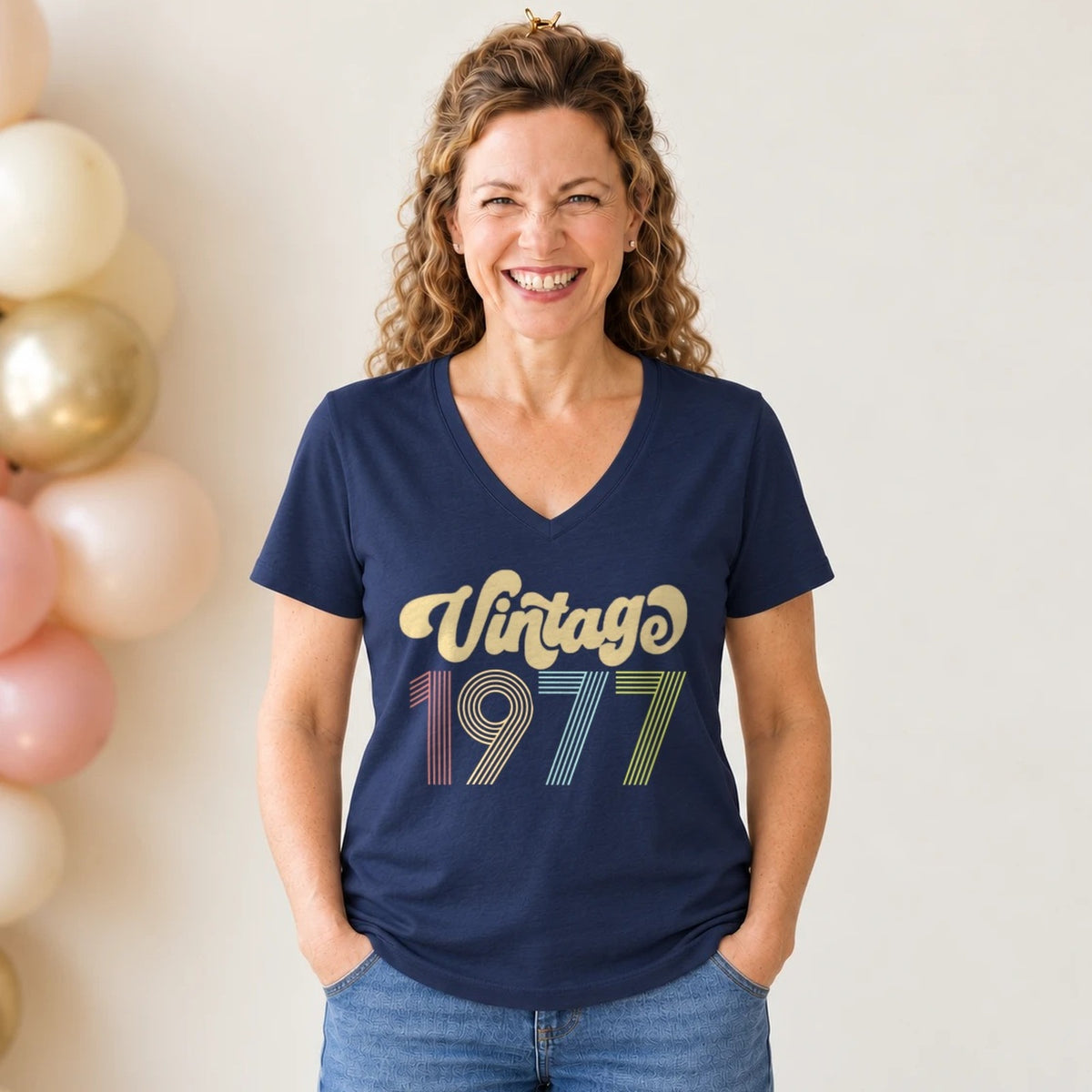 Vintage 1977 - Retro 49th Birthday T-Shirt for Women - Navy Blue V-Neck