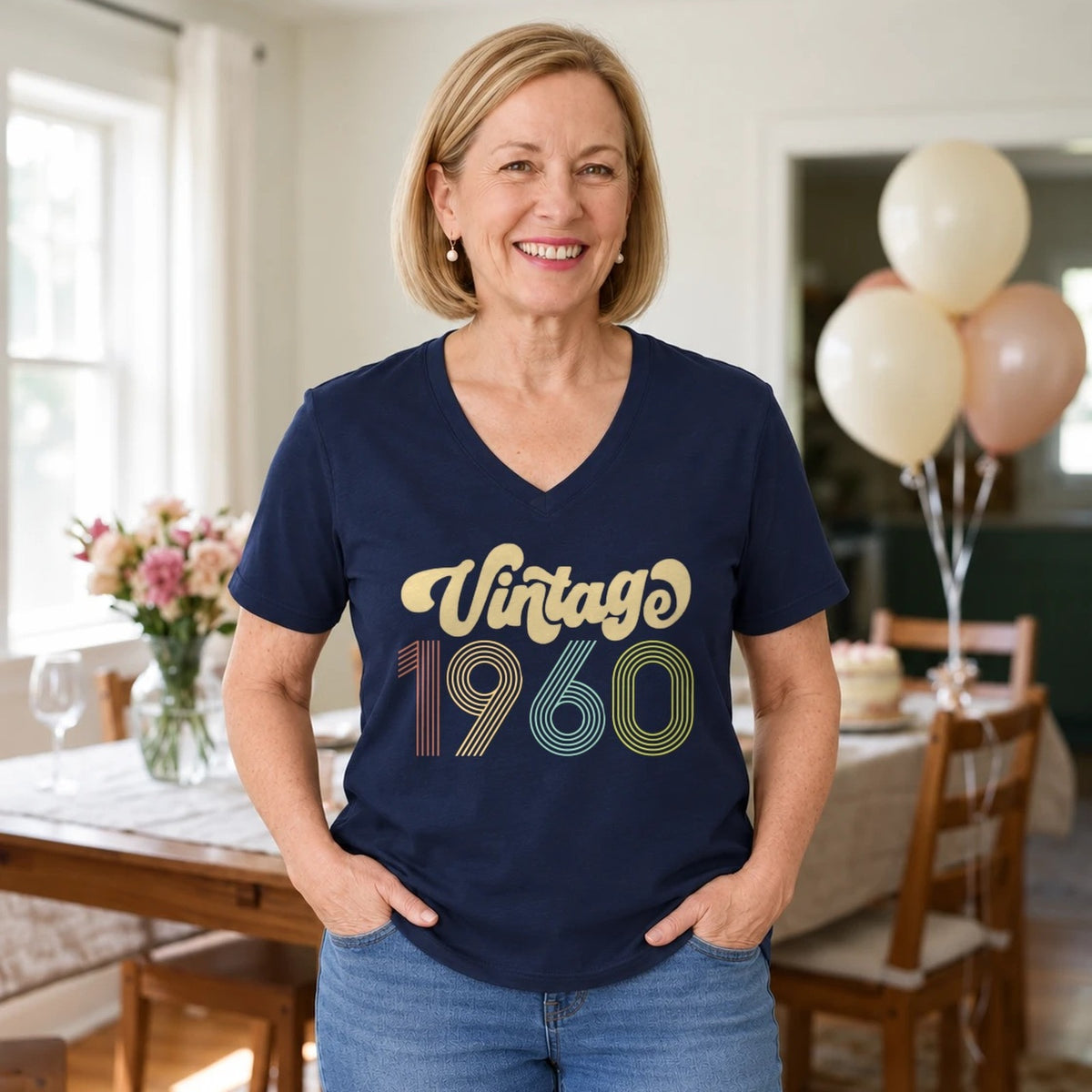 Vintage 1960 - Retro 66th Birthday T-Shirt for Women - Navy Blue V-Neck