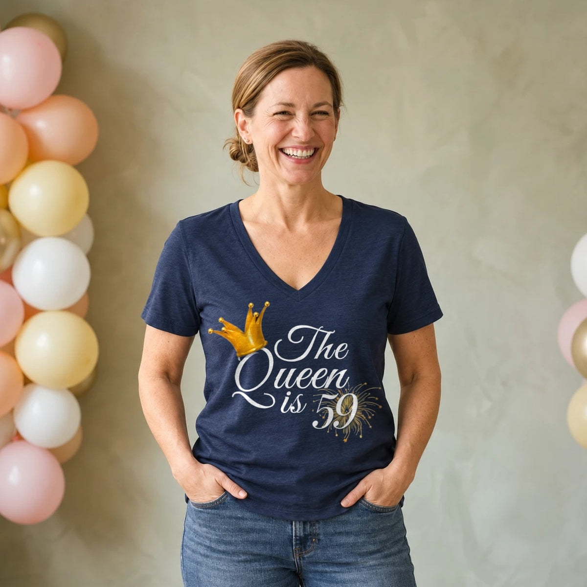 The Queen Is 59 - 59th Birthday Queen T-Shirt for Women - Navy Blue V-Neck