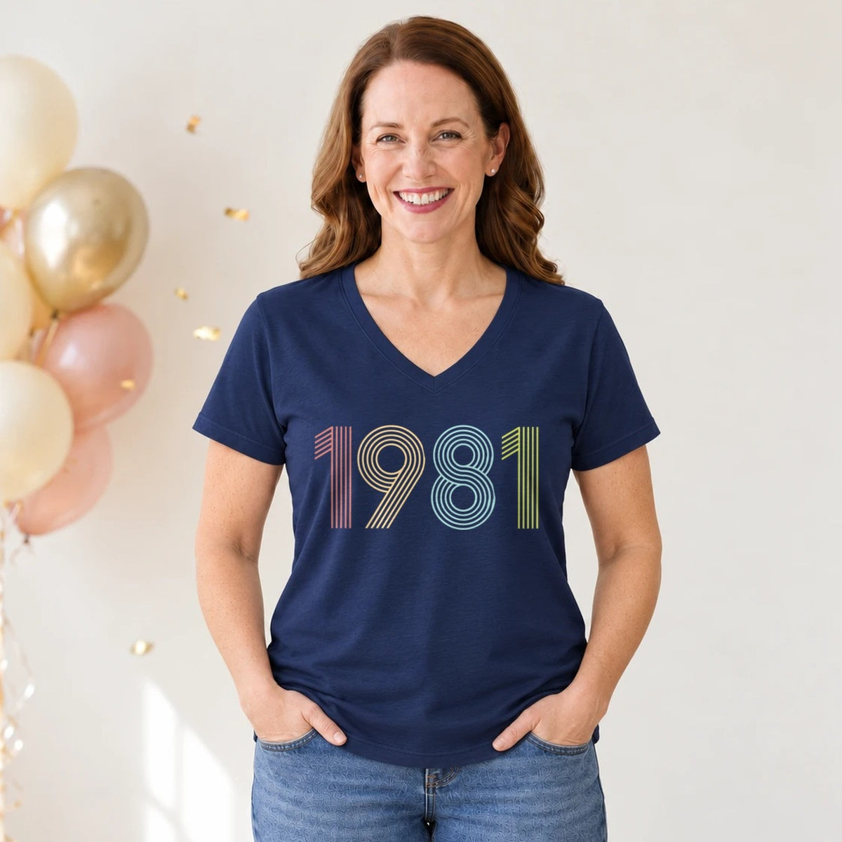 1981 Birth Year Shirt - Retro 45th Birthday T-Shirt for Women - Navy Blue V-Neck