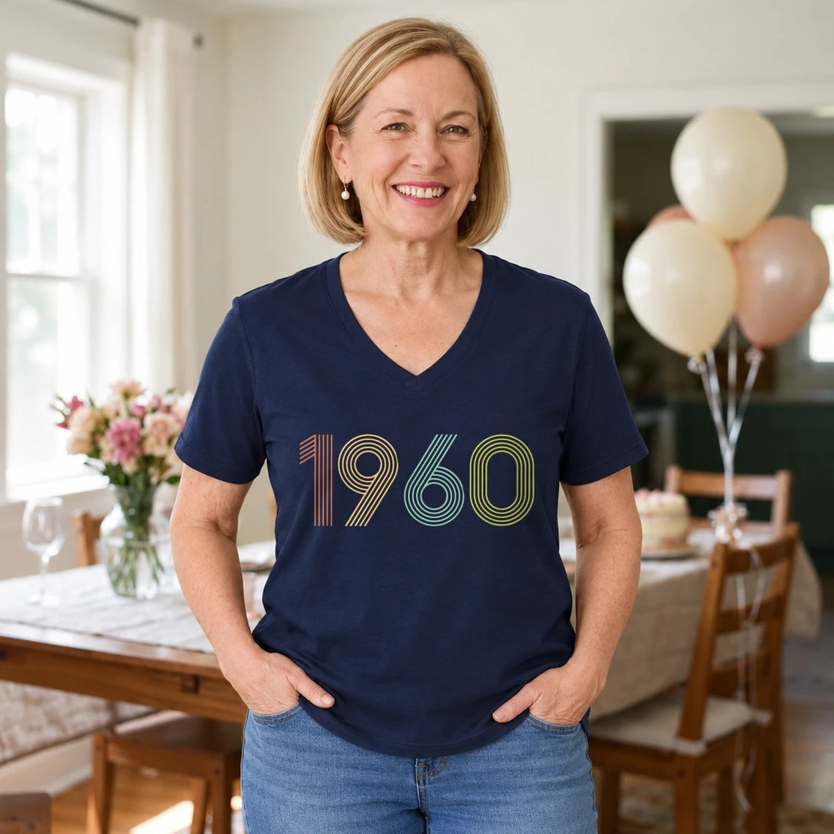 1960 Birth Year Shirt - Retro 66th Birthday T-Shirt for Women - Navy Blue V-Neck