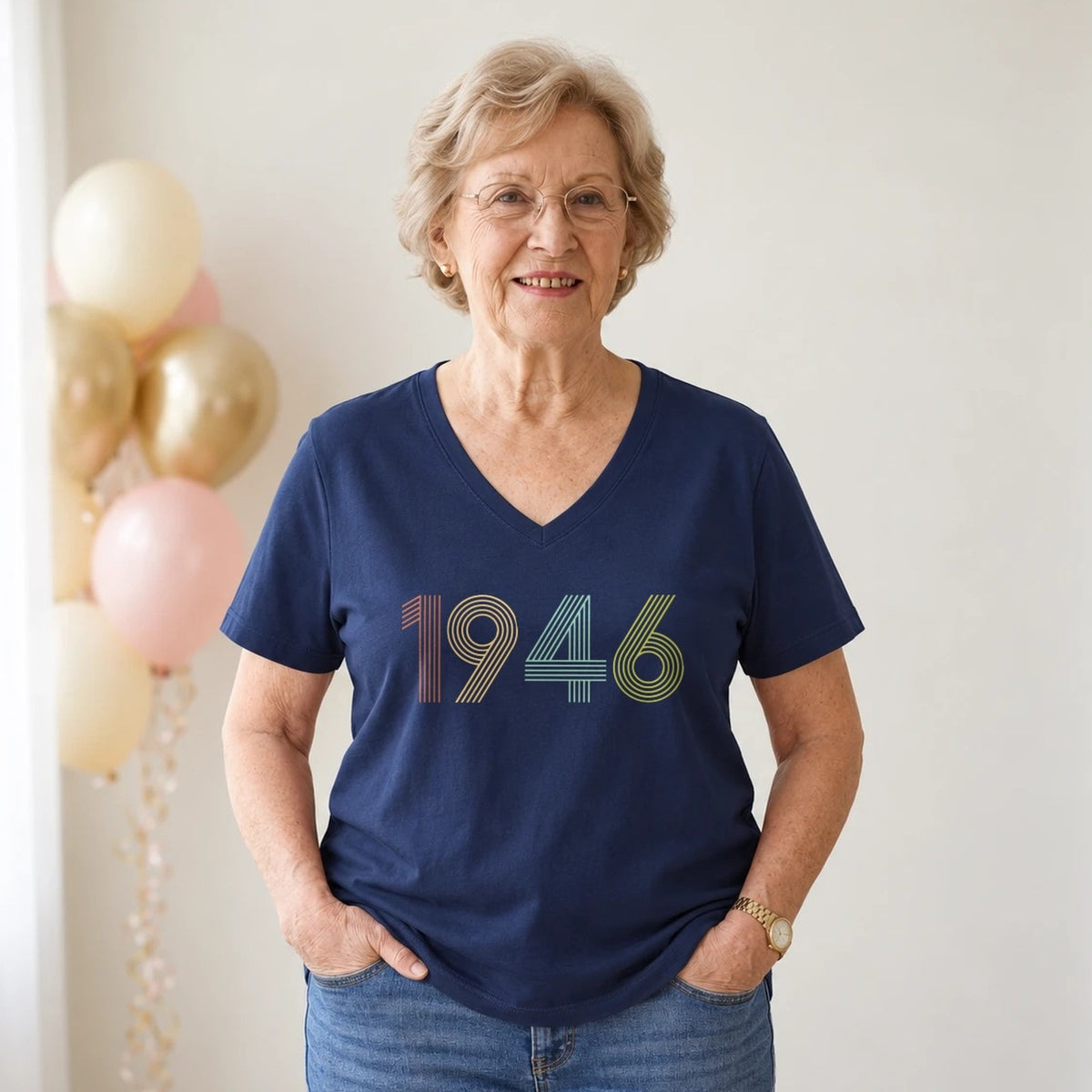 1946 Birth Year Shirt - Retro 80th Birthday T-Shirt for Women - Navy Blue V-Neck