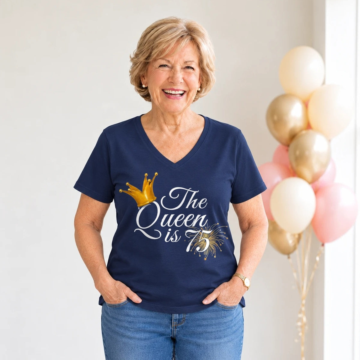 The Queen Is 75 - 75th Birthday Queen T-Shirt for Women - Navy Blue V-Neck