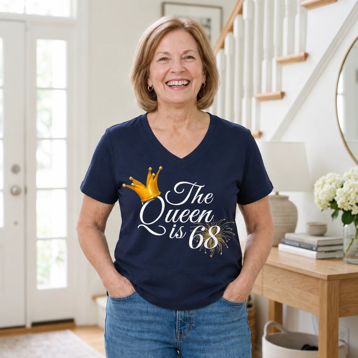 The Queen Is 68 - 68th Birthday Queen T-Shirt for Women - Navy Blue V-Neck