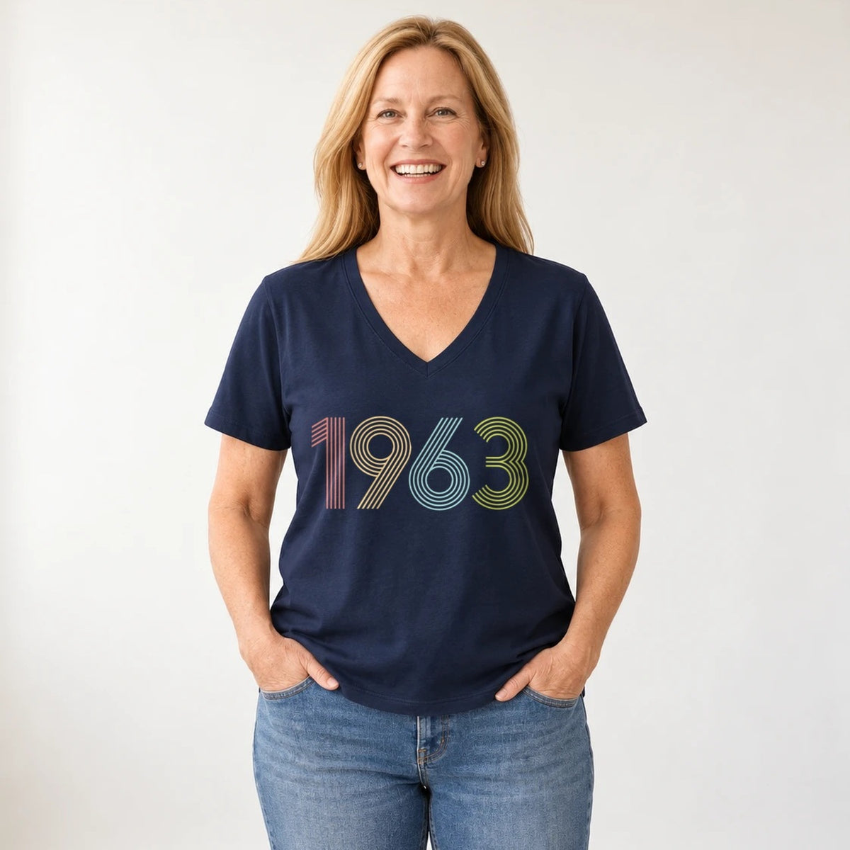 1963 Birth Year Shirt - Retro 63rd Birthday T-Shirt for Women - Navy Blue V-Neck
