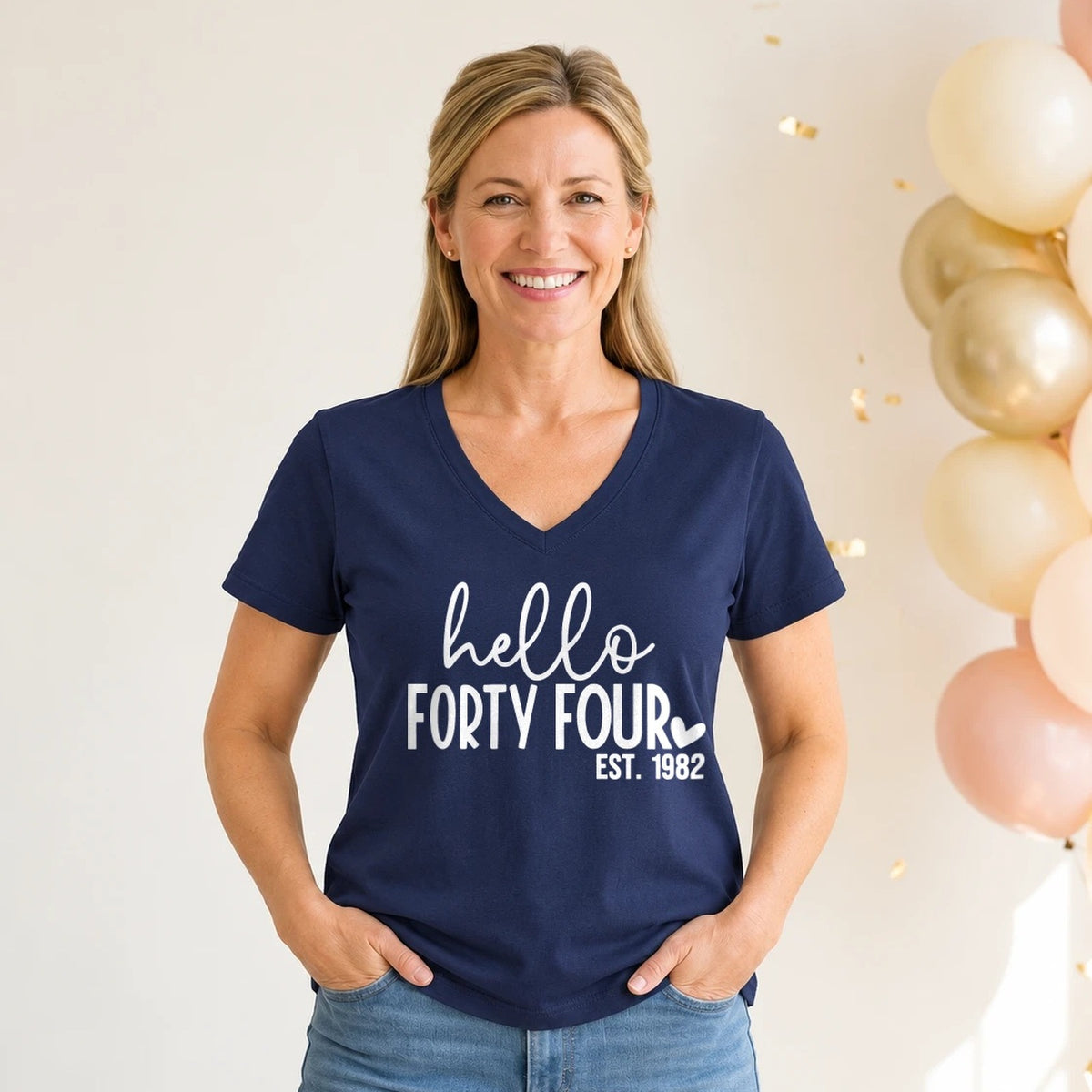 Hello Forty-Four 44th Birthday T-Shirt for Women - Est. 1982 - Navy Blue V-Neck