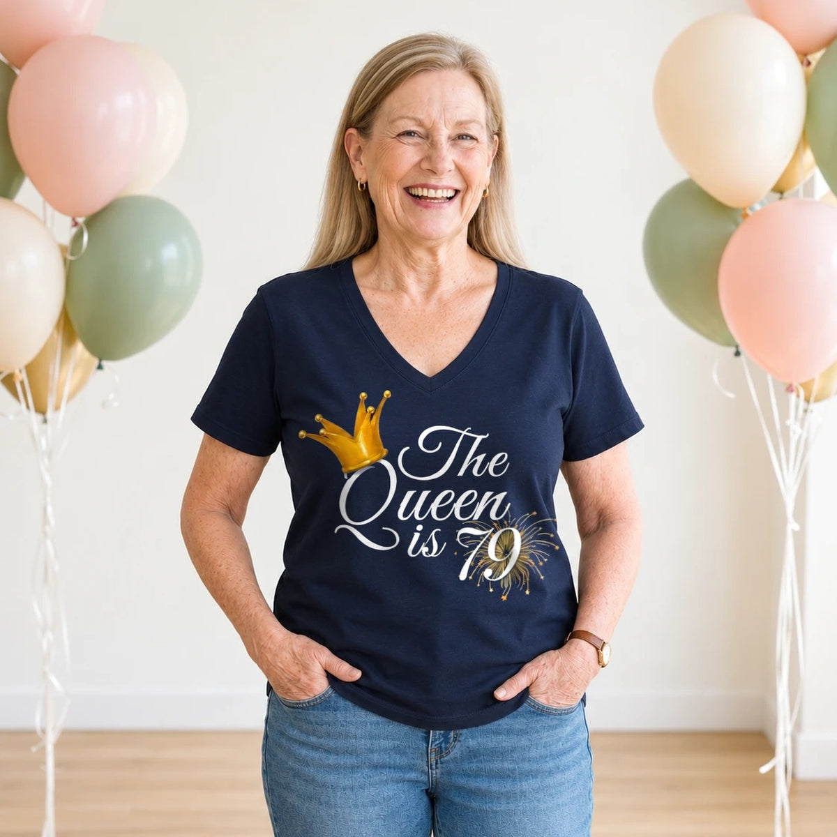 The Queen Is 79 - 79th Birthday Queen T-Shirt for Women - Navy Blue V-Neck
