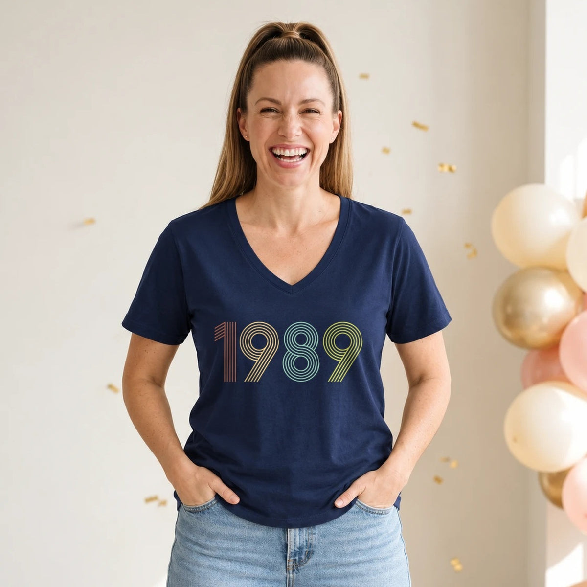 1989 Birth Year Shirt - Retro 37th Birthday T-Shirt for Women - Navy Blue V-Neck