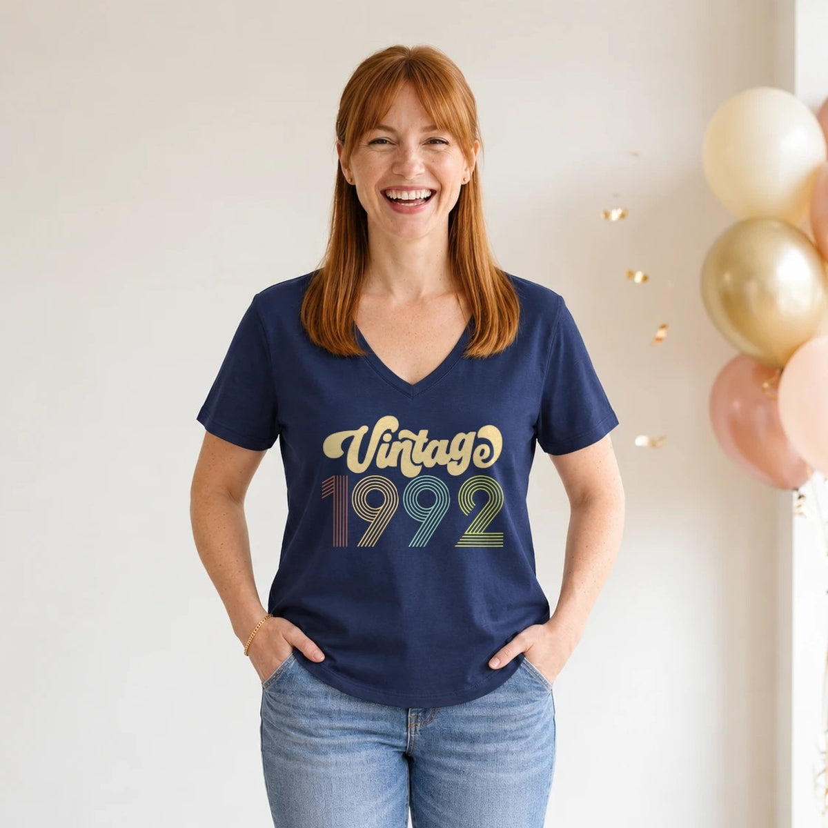 Vintage 1992 - Retro 34th Birthday T-Shirt for Women - Navy Blue V-Neck