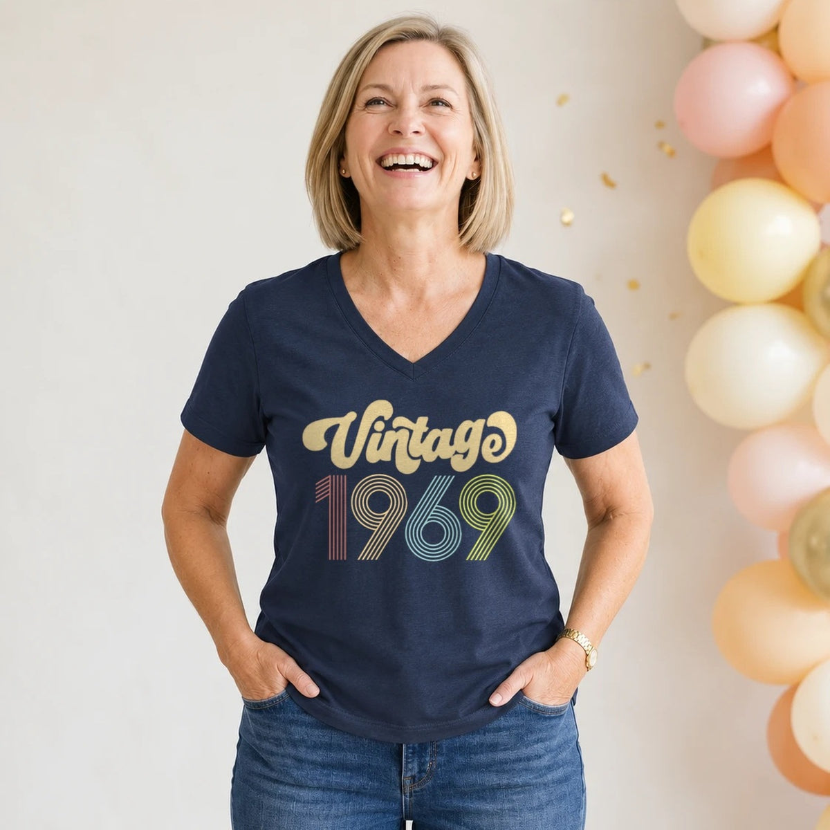 Vintage 1969 - Retro 57th Birthday T-Shirt for Women - Navy Blue V-Neck