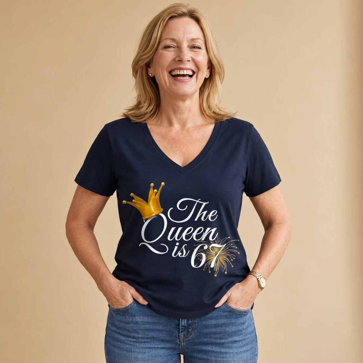 The Queen Is 67 - 67th Birthday Queen T-Shirt for Women - Navy Blue V-Neck
