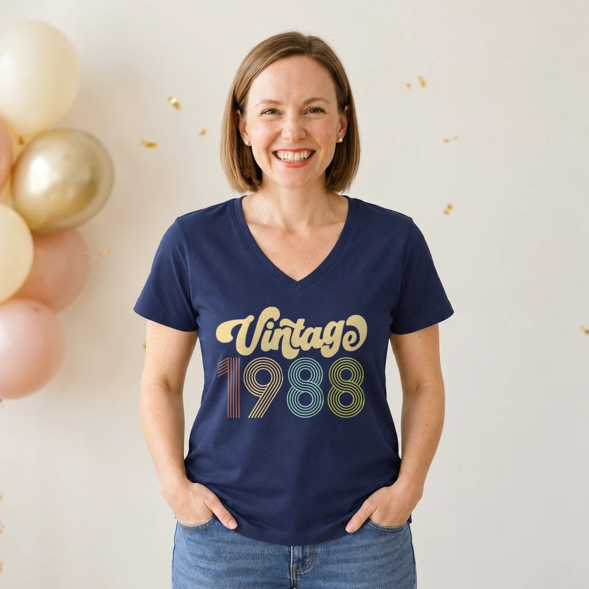 Vintage 1988 - Retro 38th Birthday T-Shirt for Women - Navy Blue V-Neck