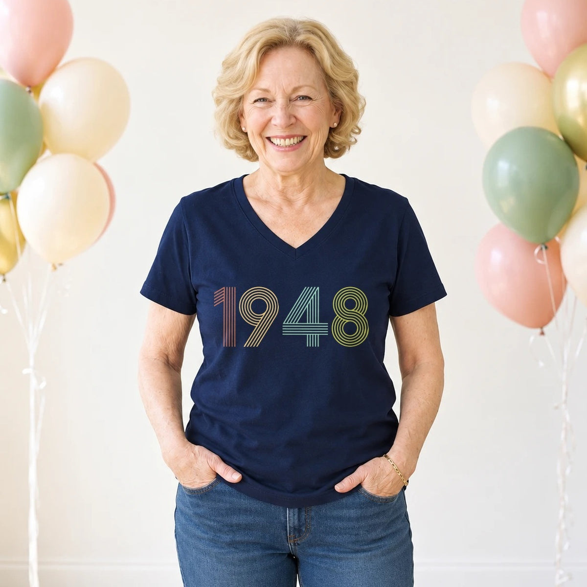 1948 Birth Year Shirt - Retro 78th Birthday T-Shirt for Women - Navy Blue V-Neck