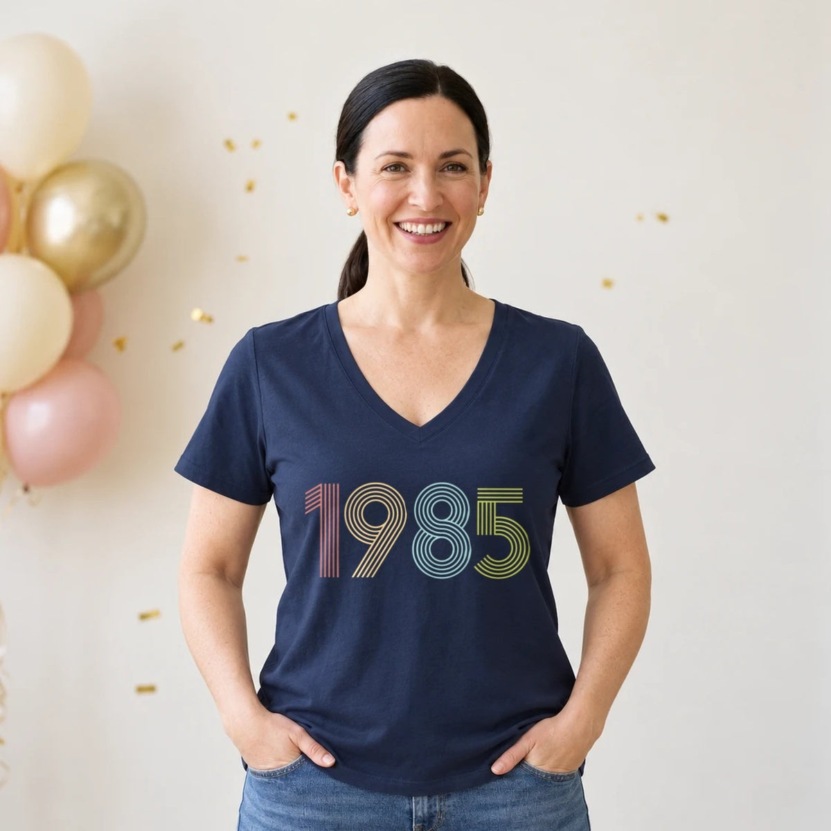 1985 Birth Year Shirt - Retro 41st Birthday T-Shirt for Women - Navy Blue V-Neck