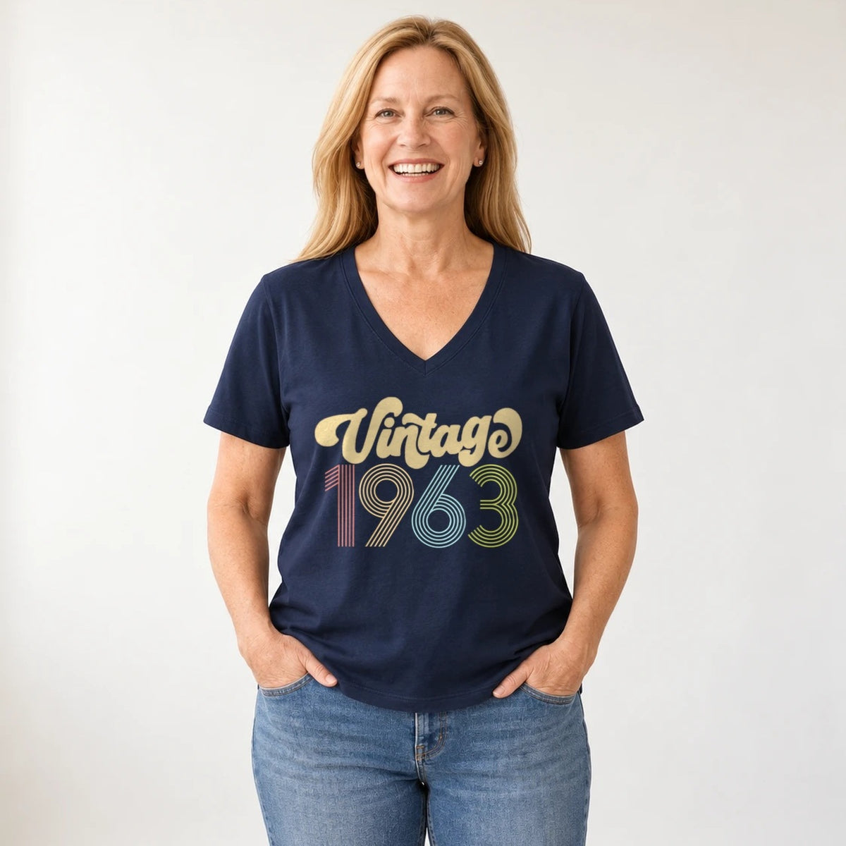 Vintage 1963 - Retro 63rd Birthday T-Shirt for Women - Navy Blue V-Neck
