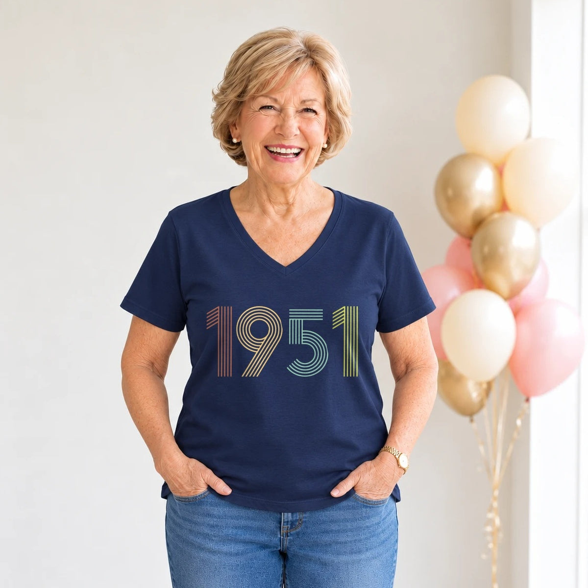 1951 Birth Year Shirt - Retro 75th Birthday T-Shirt for Women - Navy Blue V-Neck