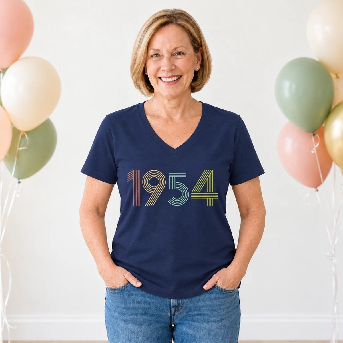 1954 Birth Year Shirt - Retro 72nd Birthday T-Shirt for Women - Navy Blue V-Neck