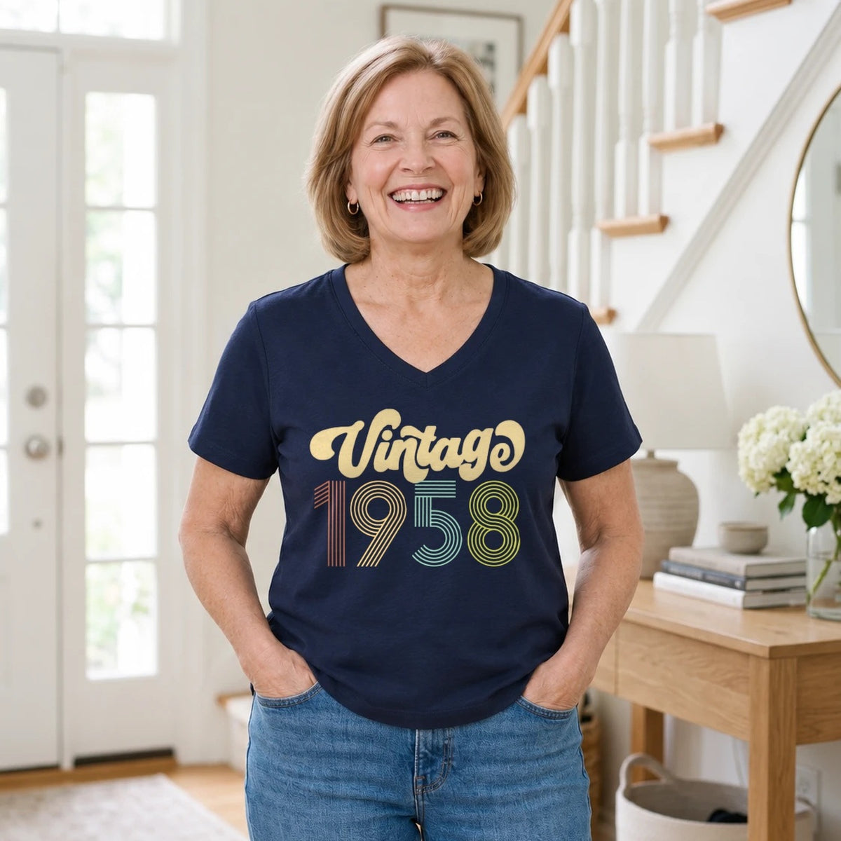 Vintage 1958 - Retro 68th Birthday T-Shirt for Women - Navy Blue V-Neck