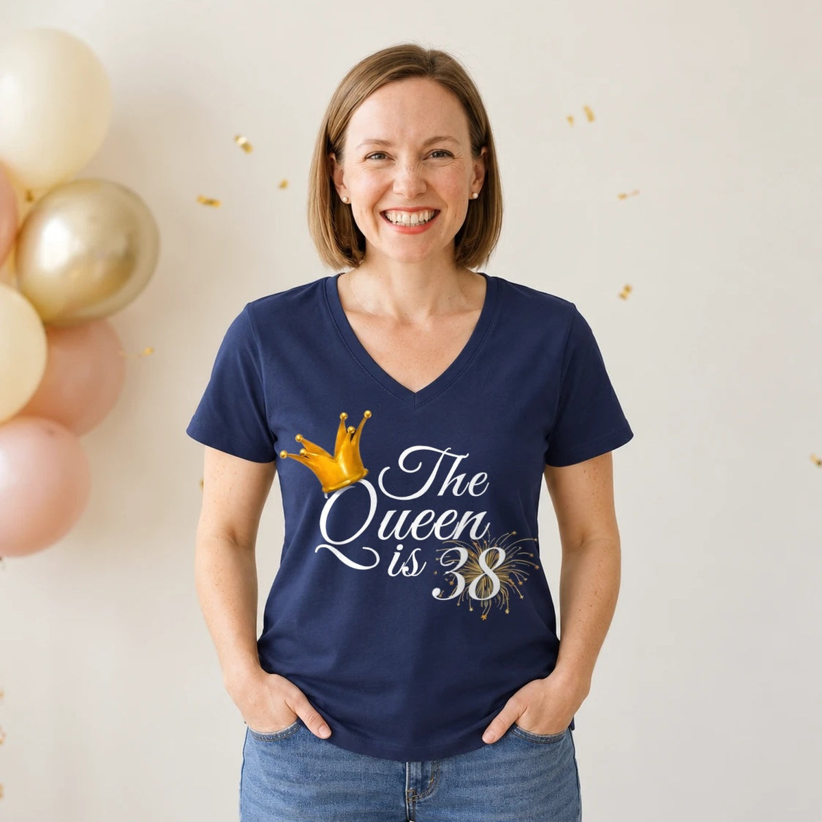 The Queen Is 38 - 38th Birthday Queen T-Shirt for Women - Navy Blue V-Neck