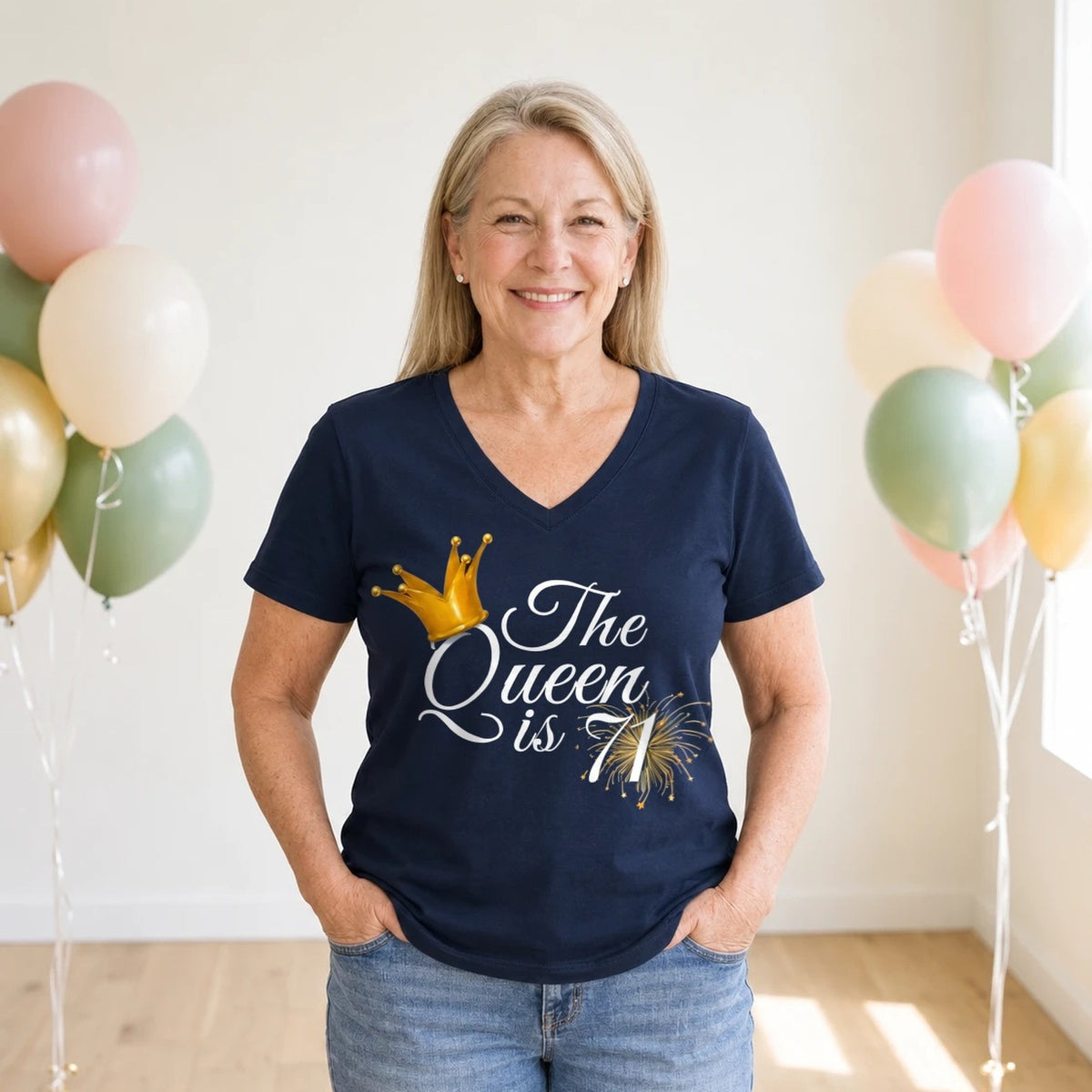 The Queen Is 71 - 71st Birthday Queen T-Shirt for Women - Navy Blue V-Neck