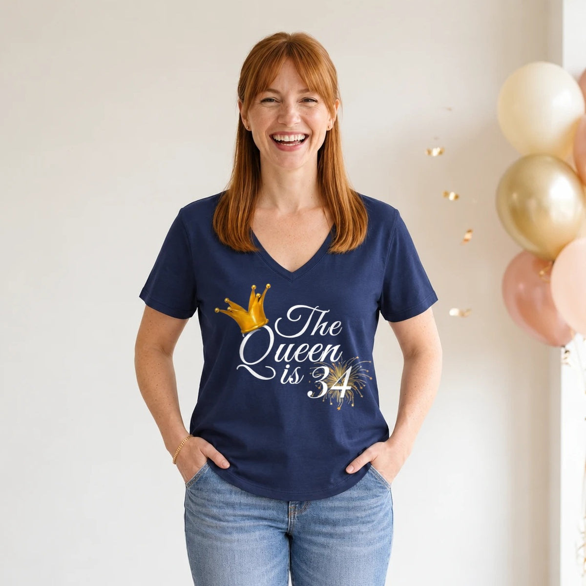 The Queen Is 34 - 34th Birthday Queen T-Shirt for Women - Navy Blue V-Neck