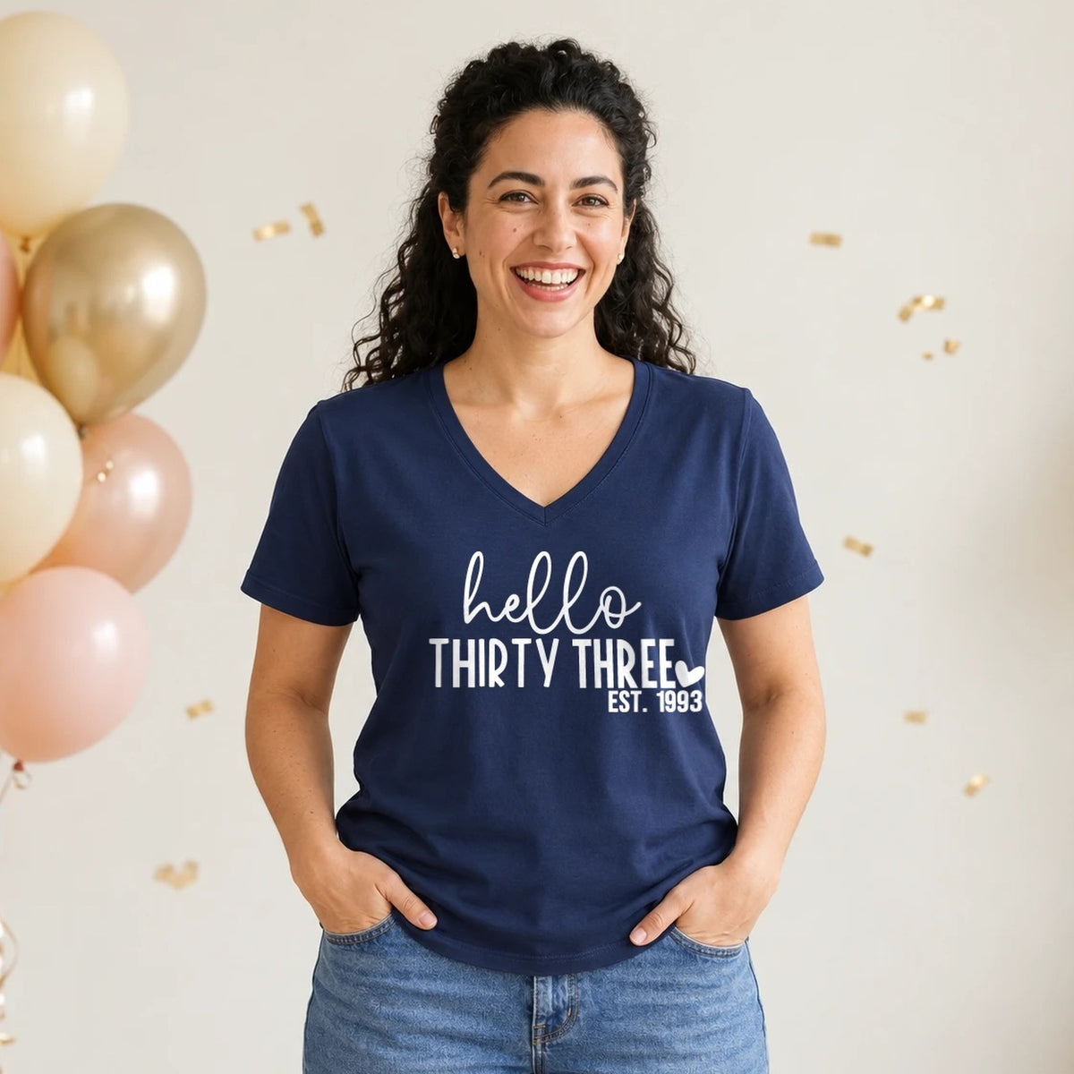 Hello Thirty-Three 33rd Birthday T-Shirt for Women - Est. 1993 - Navy Blue V-Neck