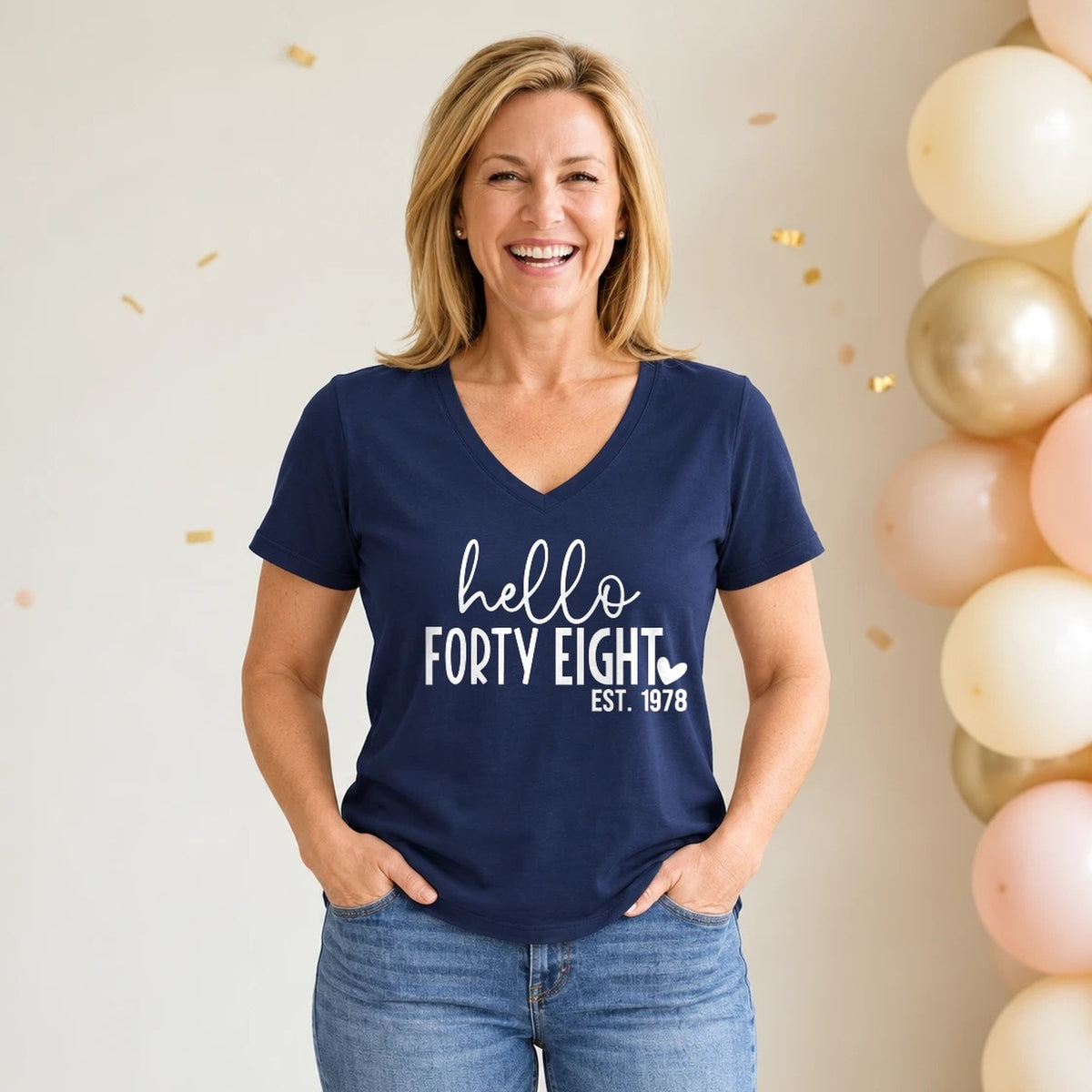 Hello Forty-Eight 48th Birthday T-Shirt for Women - Est. 1978 - Navy Blue V-Neck