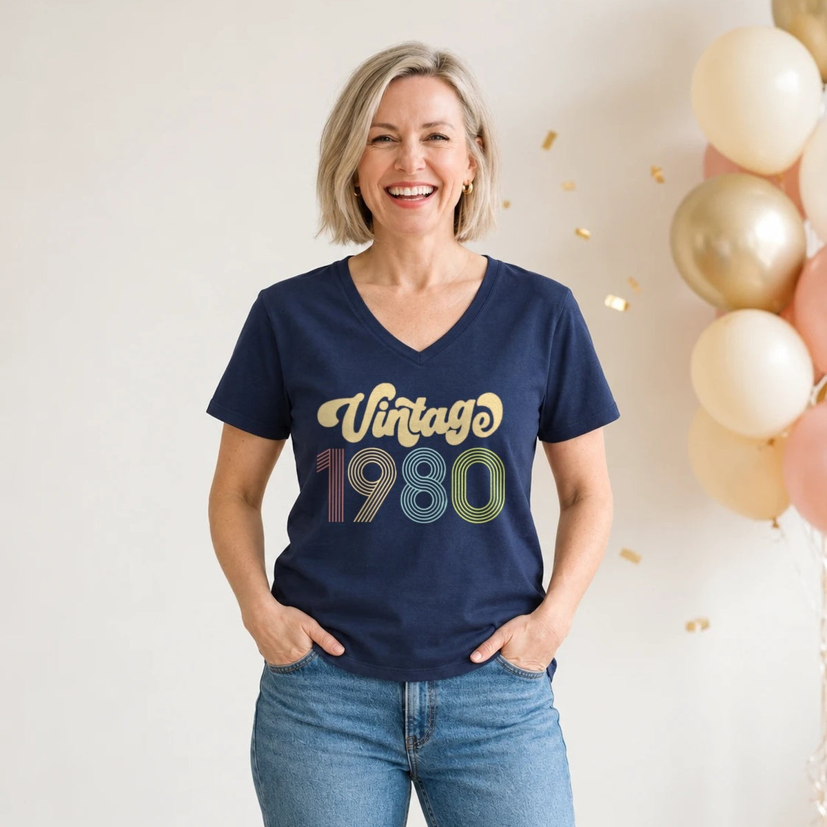 Vintage 1980 - Retro 46th Birthday T-Shirt for Women - Navy Blue V-Neck