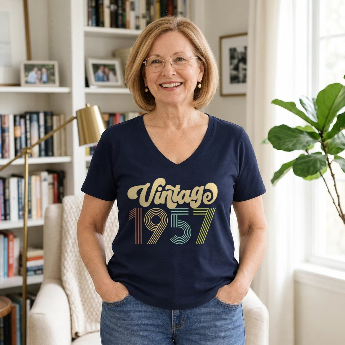 Vintage 1957 - Retro 69th Birthday T-Shirt for Women - Navy Blue V-Neck