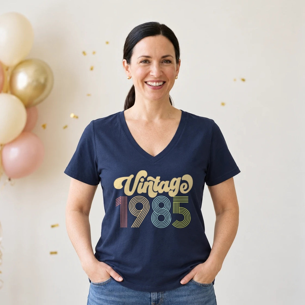 Vintage 1985 - Retro 41st Birthday T-Shirt for Women - Navy Blue V-Neck