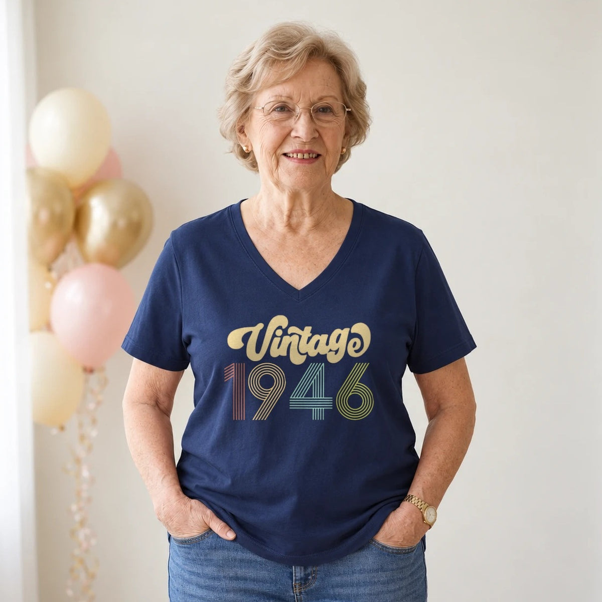 Vintage 1946 - Retro 80th Birthday T-Shirt for Women - Navy Blue V-Neck
