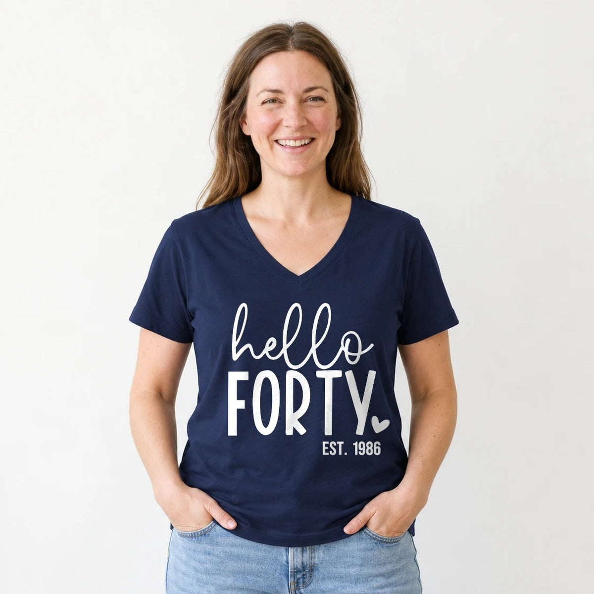 Hello Forty 40th Birthday T-Shirt for Women - Est. 1986 - Navy Blue V-Neck