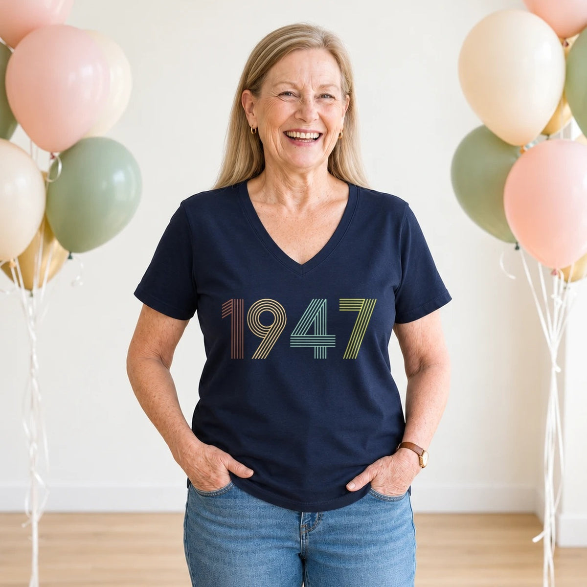 1947 Birth Year Shirt - Retro 79th Birthday T-Shirt for Women - Navy Blue V-Neck