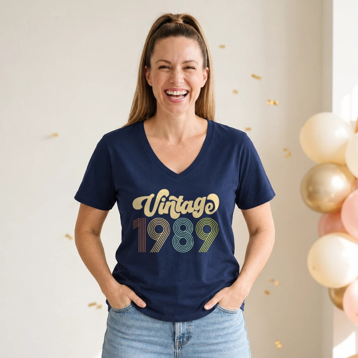 Vintage 1989 - Retro 37th Birthday T-Shirt for Women - Navy Blue V-Neck