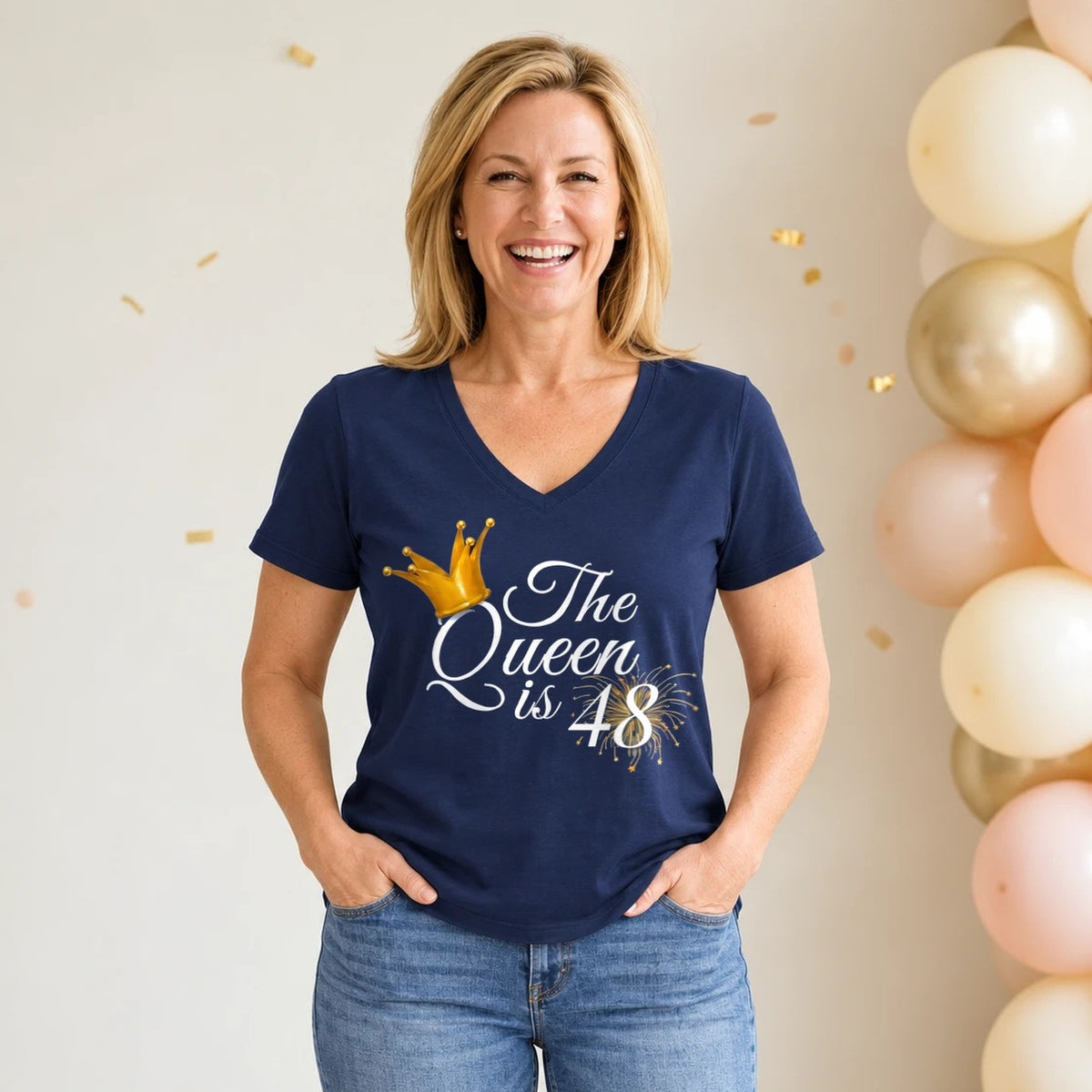 The Queen Is 48 - 48th Birthday Queen T-Shirt for Women - Navy Blue V-Neck
