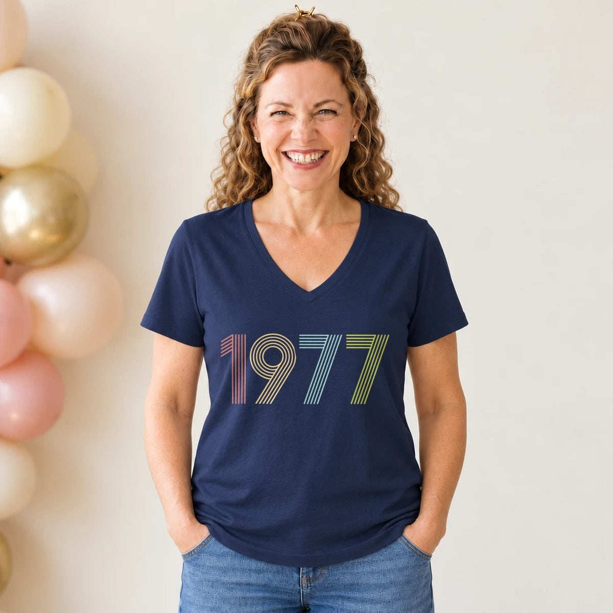 1977 Birth Year Shirt - Retro 49th Birthday T-Shirt for Women - Navy Blue V-Neck