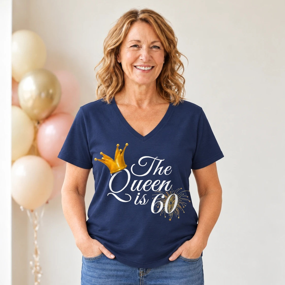 The Queen Is 60 - 60th Birthday Queen T-Shirt for Women - Navy Blue V-Neck