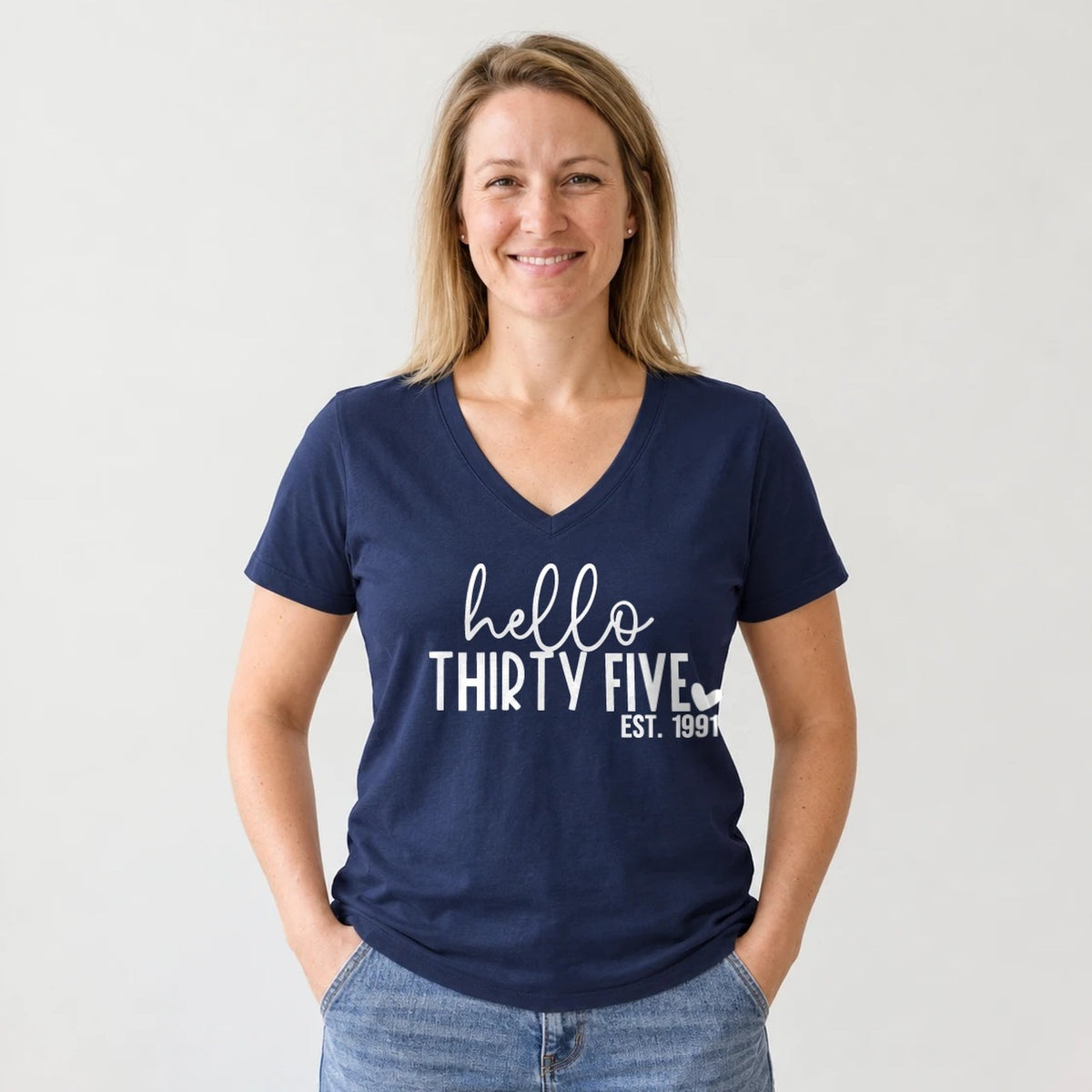 Hello Thirty-Five 35th Birthday T-Shirt for Women - Est. 1991 - Navy Blue V-Neck