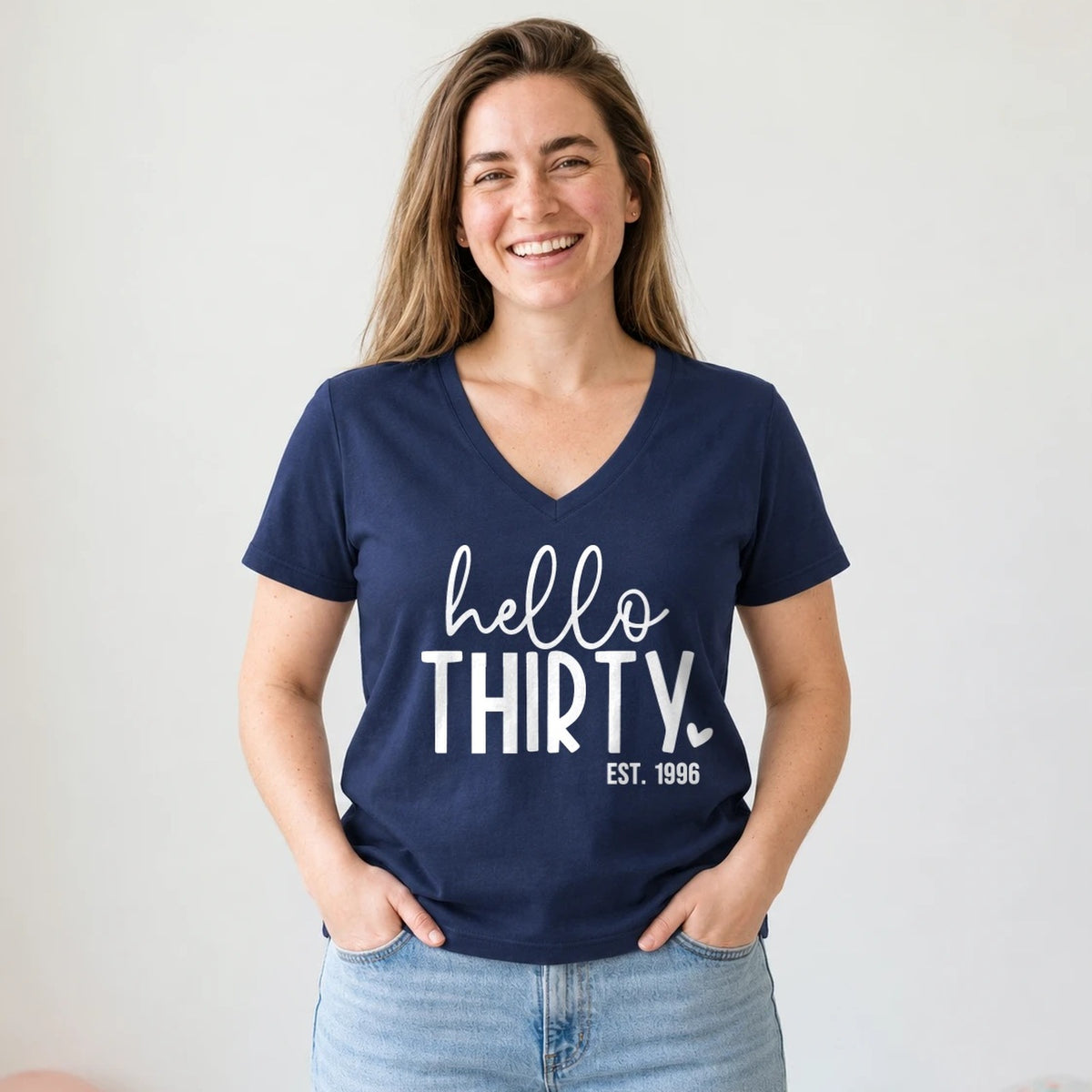 Hello Thirty 30th Birthday T-Shirt for Women - Est. 1996 - Navy Blue V-Neck