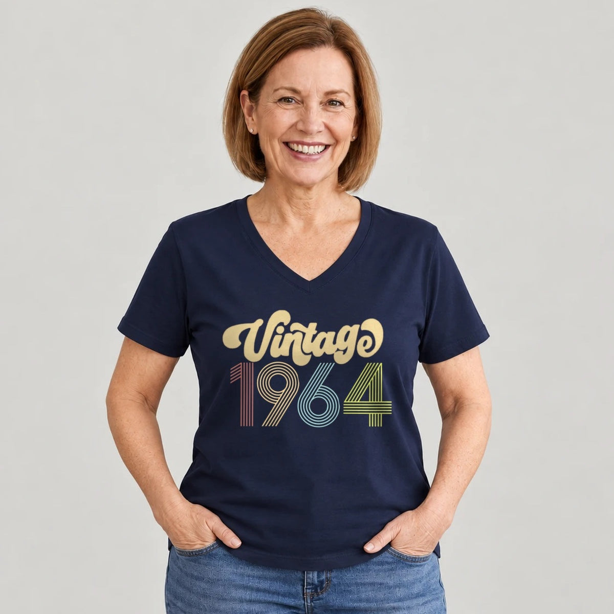 Vintage 1964 - Retro 62nd Birthday T-Shirt for Women - Navy Blue V-Neck