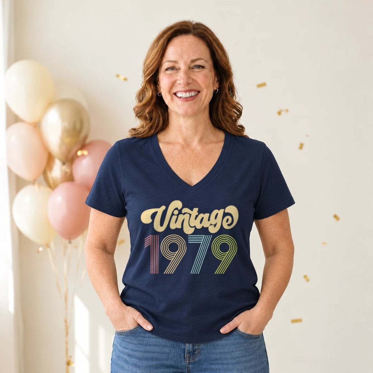 Vintage 1979 - Retro 47th Birthday T-Shirt for Women - Navy Blue V-Neck