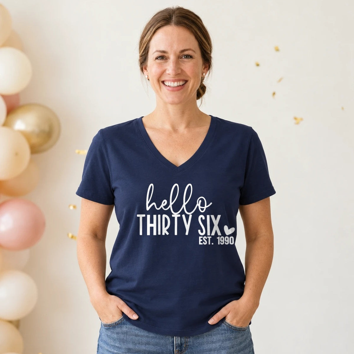 Hello Thirty-Six 36th Birthday T-Shirt for Women - Est. 1990 - Navy Blue V-Neck
