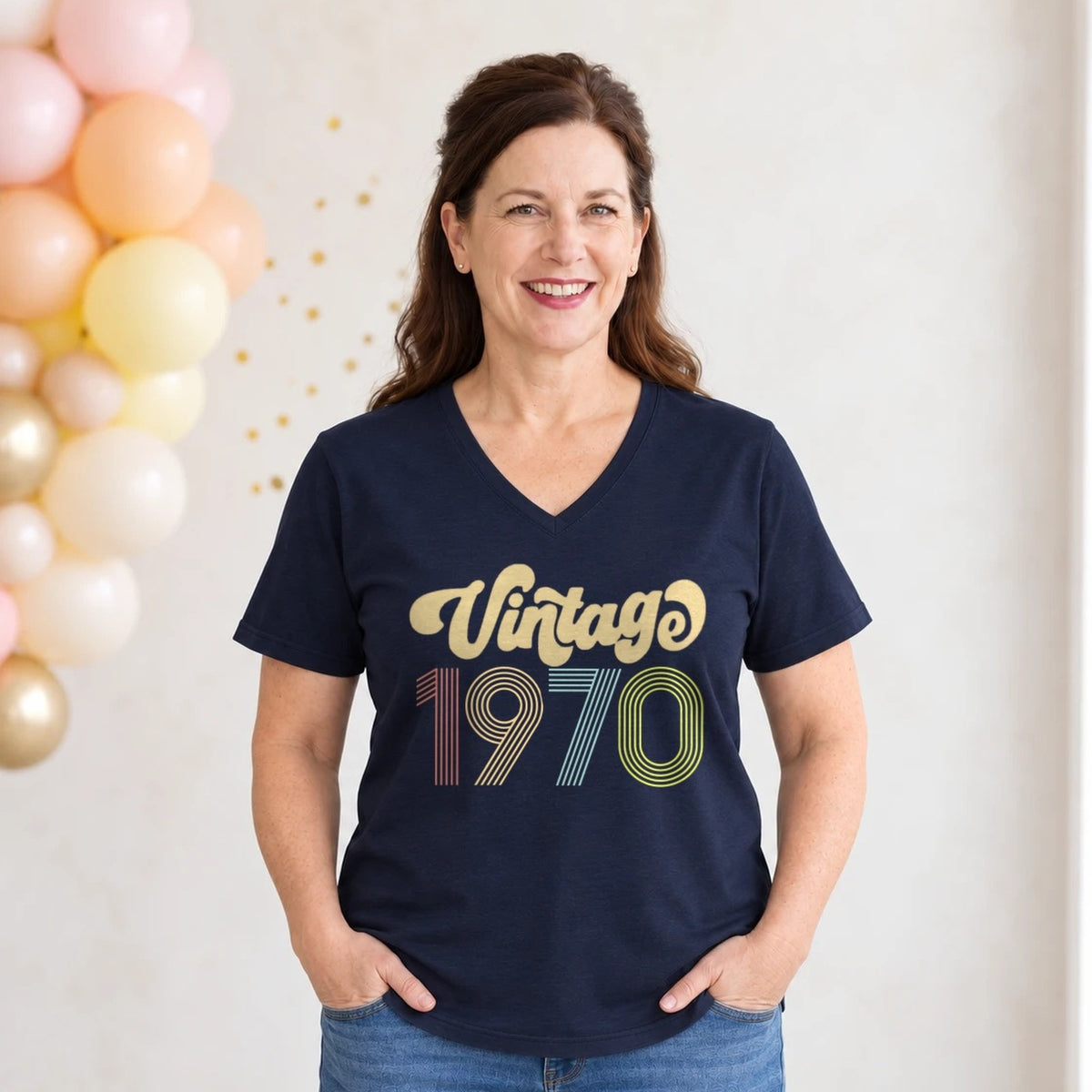 Vintage 1970 - Retro 56th Birthday T-Shirt for Women - Navy Blue V-Neck