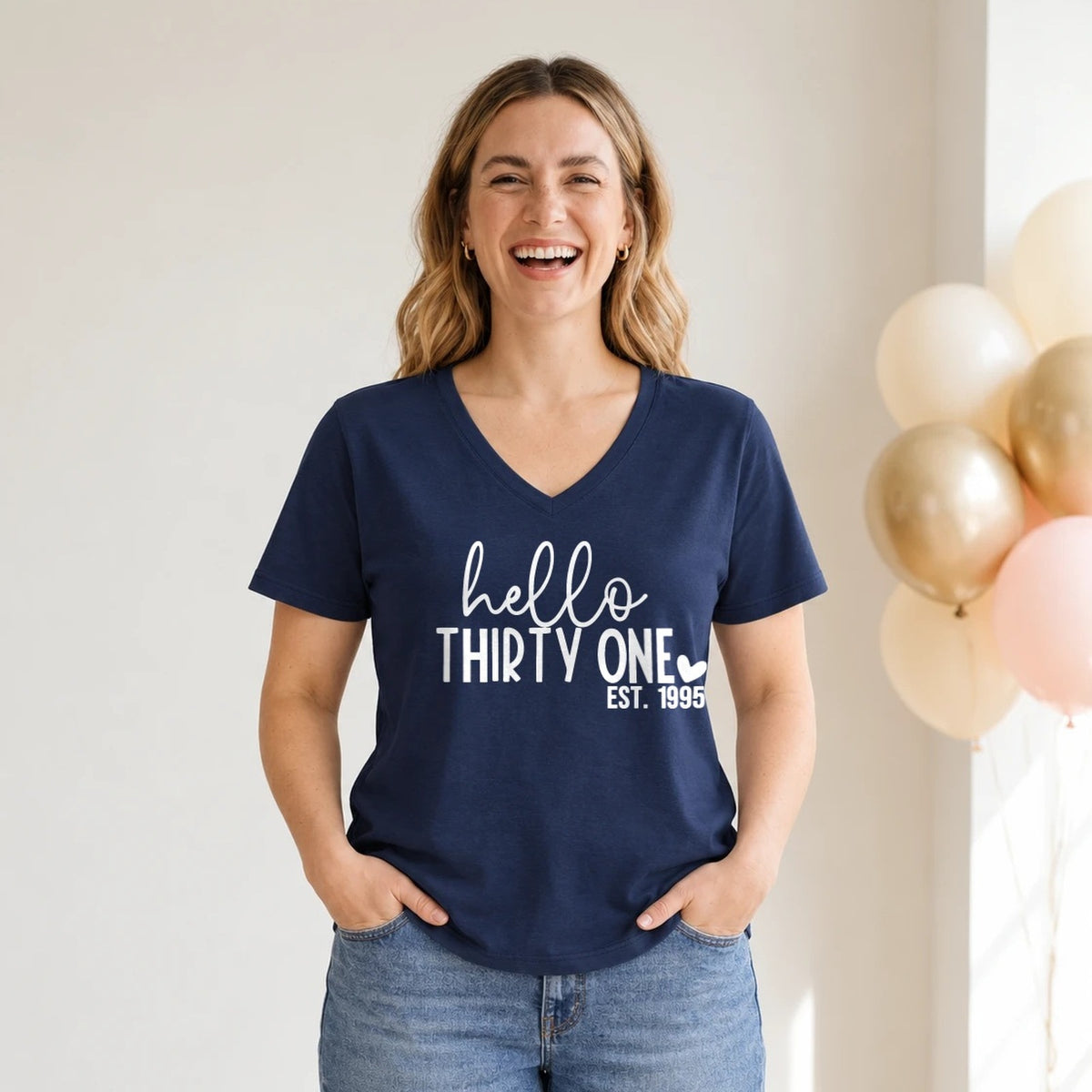 Hello Thirty-One 31st Birthday T-Shirt for Women - Est. 1995 - Navy Blue V-Neck