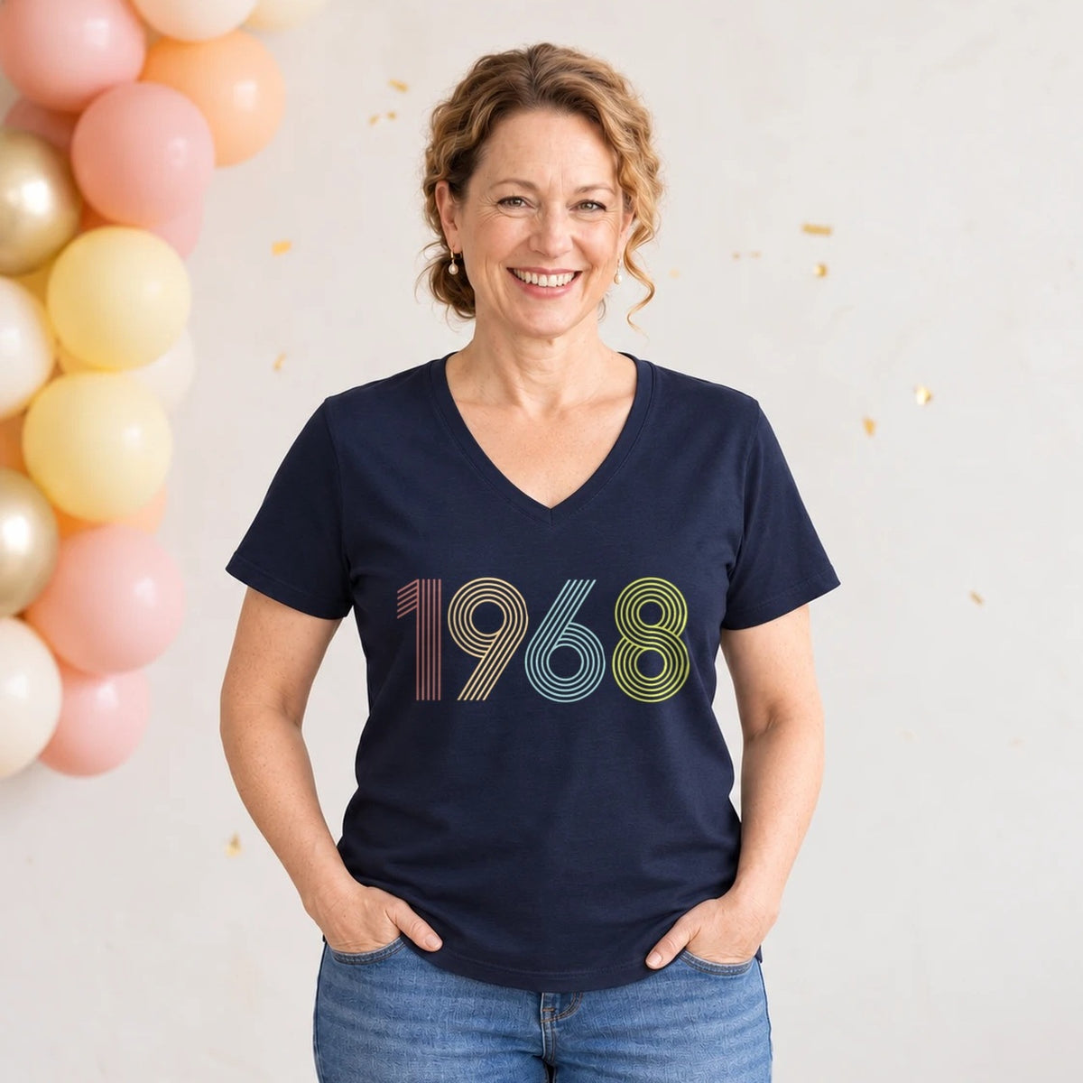 1968 Birth Year Shirt - Retro 58th Birthday T-Shirt for Women - Navy Blue V-Neck