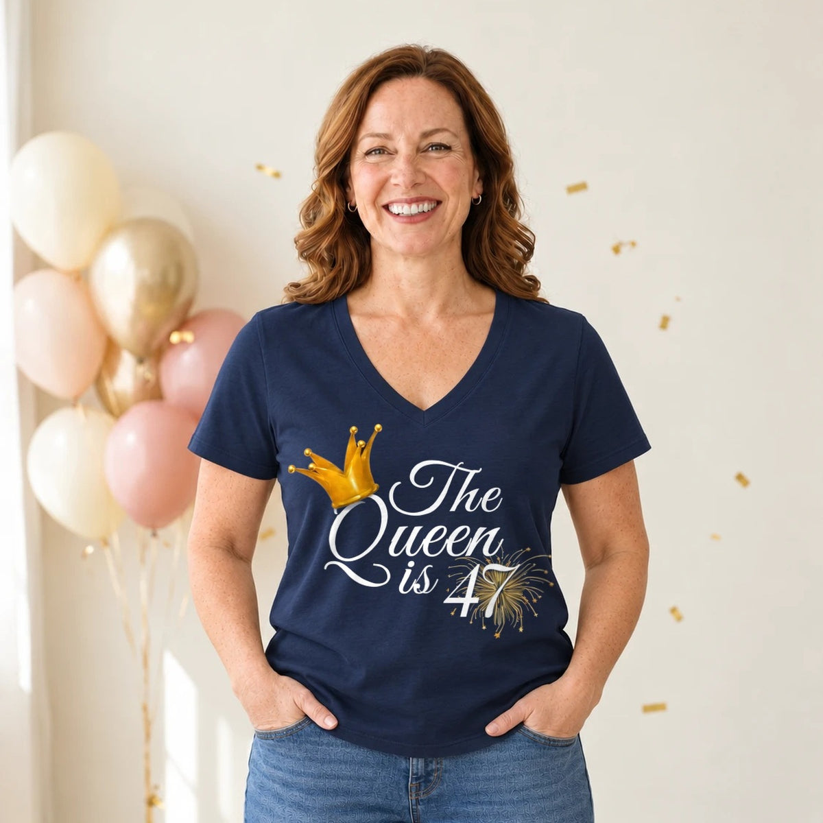 The Queen Is 47 - 47th Birthday Queen T-Shirt for Women - Navy Blue V-Neck